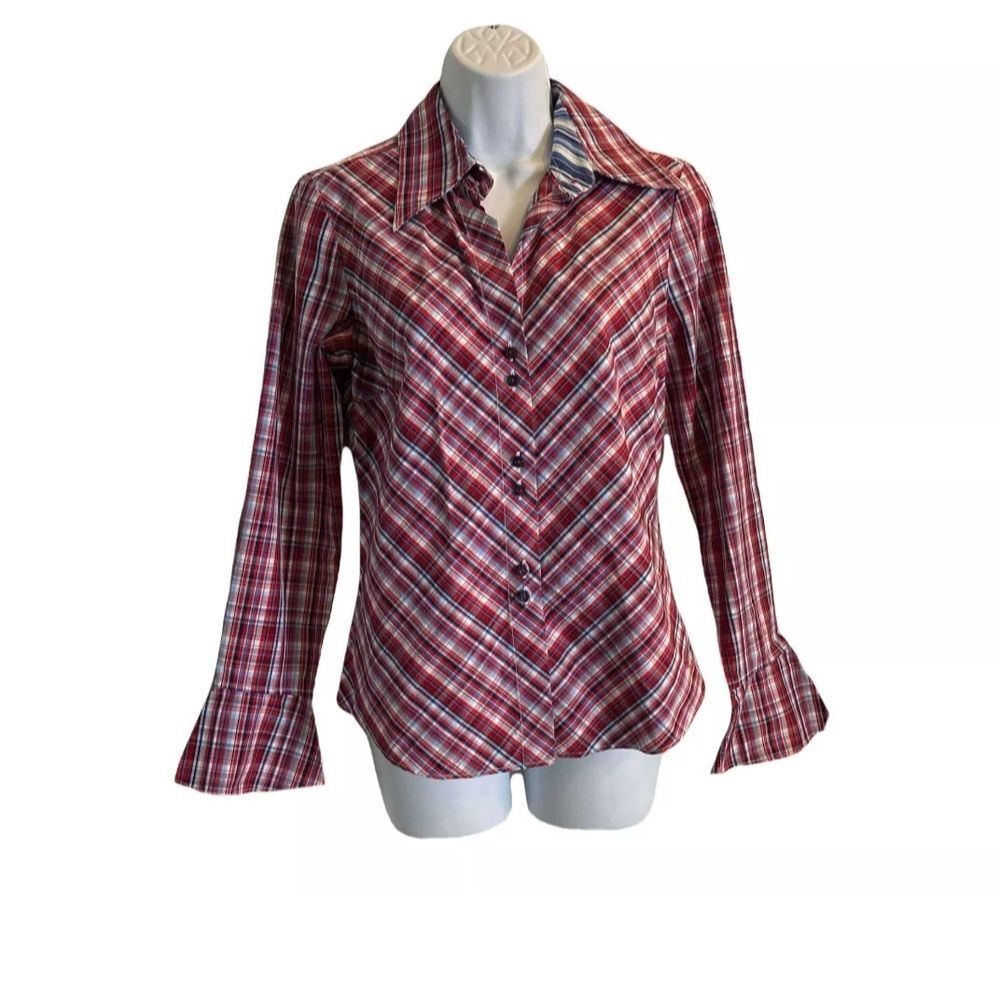 TOMMY HILFIGER Red,White & blue Plaid Fitted Bell Sleeve Button Down SZ Med